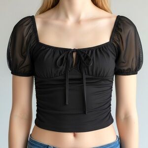 Elodie Black Ruched Tie-Neck Puff Sleeve Crop Top Size XS